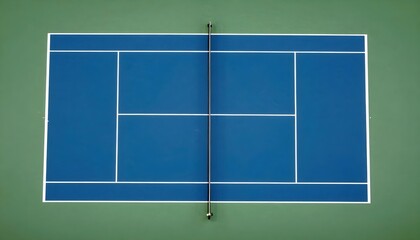 Aerial view of a vibrant blue tennis court with crisp white lines and a net dividing the playing surface