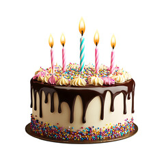 Delicious chocolate birthday cake isolated on transparent background decorated with cream frosting sprinkles and candles for celebration dessert and festive party invitation background