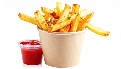 Crispy Golden French Fries in a Paper Cup with Ketchup Dip.