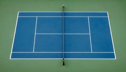 Aerial view of a blue tennis court with white lines and a net, ready for play