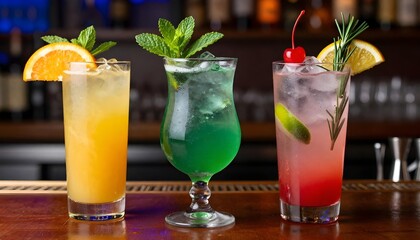 Three colorful cocktails with garnishes on a bar counter, ready for enjoyment