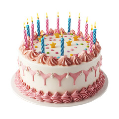 Beautiful pink cream birthday cake isolated on transparent background decorated with candles sugar stars icing swirls for celebration party baking and sweet dessert concept