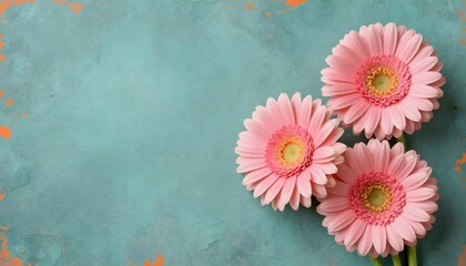 Three delicate pink gerbera daisies arranged on a textured teal background with orange accents