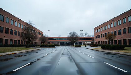 Suburban business park with empty road between office buildings on cloudy day