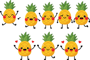 Fototapeta premium Cute Kawaii Pineapple Character Set with Various Happy Facial Expressions Emotions and Poses Isolated on White Background for Tropical Design