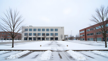 Business park exterior in winter with office buildings and snow
