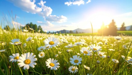 Daisy Meadow Bathed in Sunlight - A Serene Landscape.
