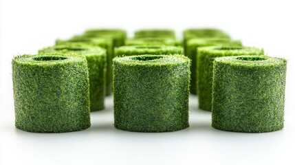 Green cylinders made of artificial grass showcase eco-friendly materials — an excellent atmospheric backdrop for landscape design projects.