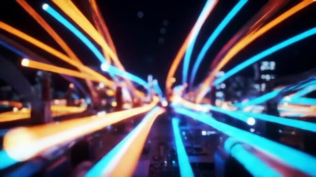 Abstract futuristic background with glowing fiber optic cables transmitting data in cyberspace.