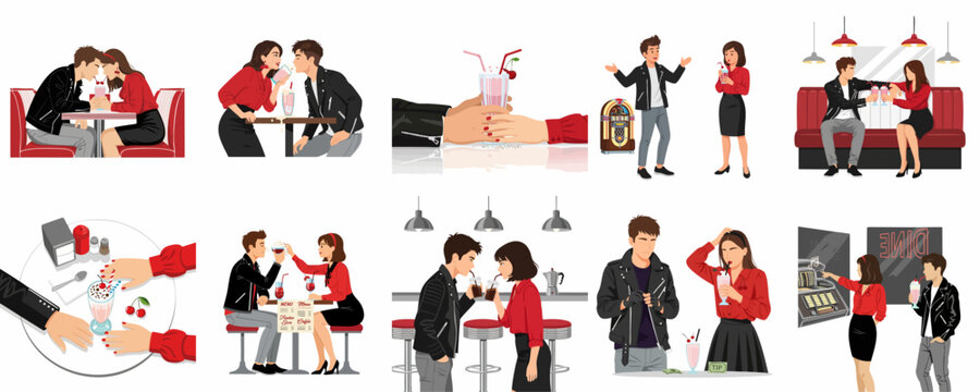Set of vector illustrations depicting a stylish retro couple dating, sharing milkshakes, and interacting in a classic 1950s American diner environment.