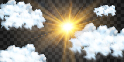 Vector realistic cloud with transparent sunlight. Cloud texture, nature sky with bright sun. Sky nature illustration on png background. Vector weather isolated on transparent background.