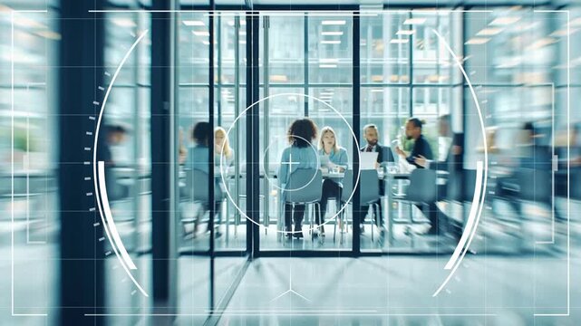 A business meeting takes place in a modern office during the day. Multiple people discuss ideas around a table while one person is highlighted in focus.