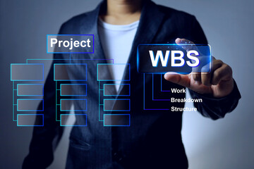 WBS work breakdown structure concept with businessman using the tools to analyze project task to break down work details