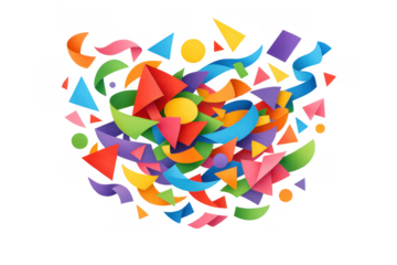 Colorful geometric confetti explosion abstract design with flying streamers and shapes, celebrating party fun element