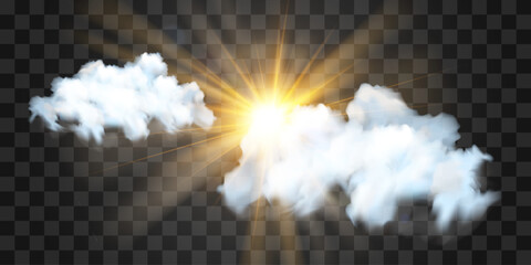Vector realistic cloud with transparent sunlight. Cloud texture, nature sky with bright sun. Sky nature illustration on png background. Vector weather isolated on transparent background.