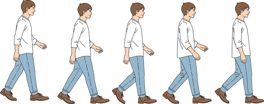 Flat Vector Illustration Showing a Sequence of a Man Walking Step by Step in Five Different Positions for Animation Cycles