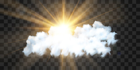 Vector realistic cloud with transparent sunlight. Cloud texture, nature sky with bright sun. Sky nature illustration on png background. Vector weather isolated on transparent background.