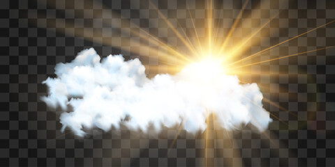 Vector realistic cloud with transparent sunlight. Cloud texture, nature sky with bright sun. Sky nature illustration on png background. Vector weather isolated on transparent background.