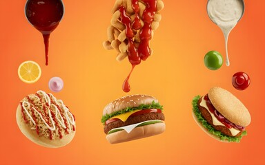 A group of burgers with sauce and fries