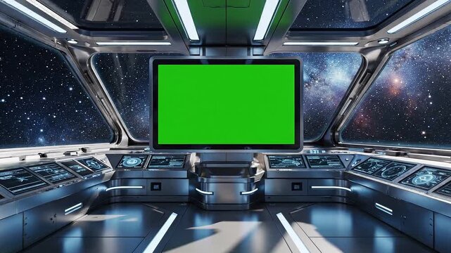 A futuristic spaceship control room with a green screen on transparent background video