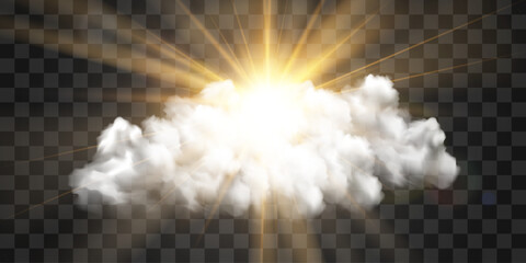 Vector realistic cloud with transparent sunlight. Cloud texture, nature sky with bright sun. Sky nature illustration on png background. Vector weather isolated on transparent background.
