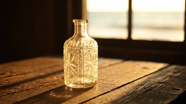 Antique Glass Bottles Displayed on Wooden Surface Illuminated by Sunlight Through Window