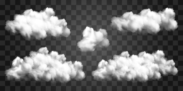 Vector white realistic cloud set. Cloud texture, nature sky or foggy nature illustration on png background. Vector weather isolated on transparent background.