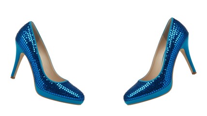 A pair of blue high heeled shoes