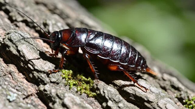 A shiny brown cockroach crawls on a textured tree bark with green moss against a blurred green background