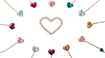 A collection of heart-shaped jewelry pieces arranged on a black background