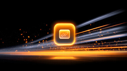 A glowing orange square with a white logo is illuminated against a dark background with streaks of light