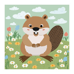 Happy Animal Beaver Sitting In The White Flower Meadow Under The Soft Blue Sky With Clouds