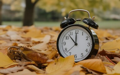 A black alarm clock on yellow leaves
