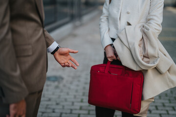 Two young professionals on a sidewalk, one reaching toward the other, with a red briefcase.