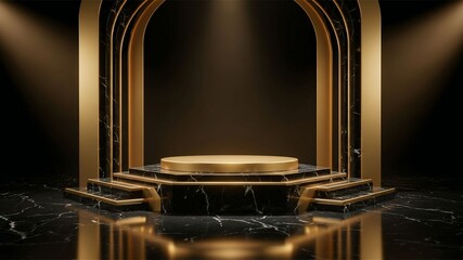 Obraz premium Luxury black and gold 3D podium stage with elegant lighting, ideal for premium product and high-end brand presentation.