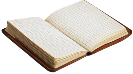 A brown leather-bound notebook with grid paper pages is open on a black background.