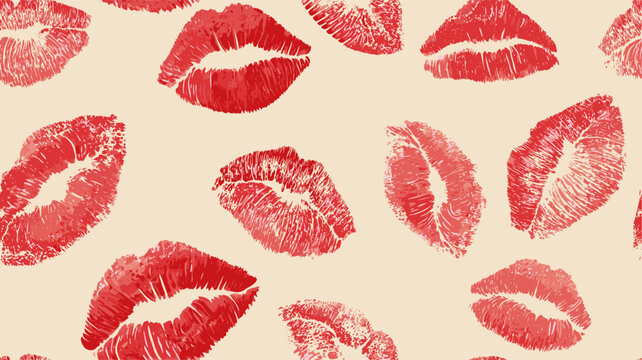 Red lipstick kiss marks covering a cream textured paper surface, creating a playful pattern. Red lipstick kiss marks seamless pattern on textured paper