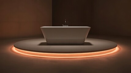 A modern freestanding bathtub sits upon a circular illuminated platform in a dimly lit interior space.