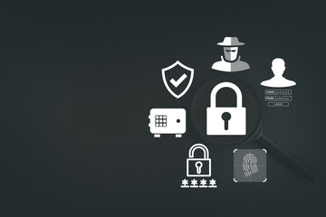 Magnifying glass focusing on padlock icon surrounded by security symbols including hacker, shield, safe, and fingerprint. Cyber security, data protection, and privacy concept on black background.