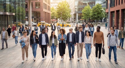 Obraz premium People walking together on a busy city street during sunset in an urban environment with modern buildings