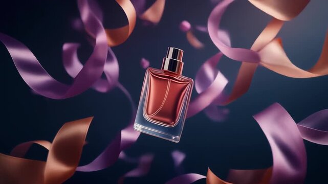 Elegant perfume bottle with luxurious ribbons floating in a dark background