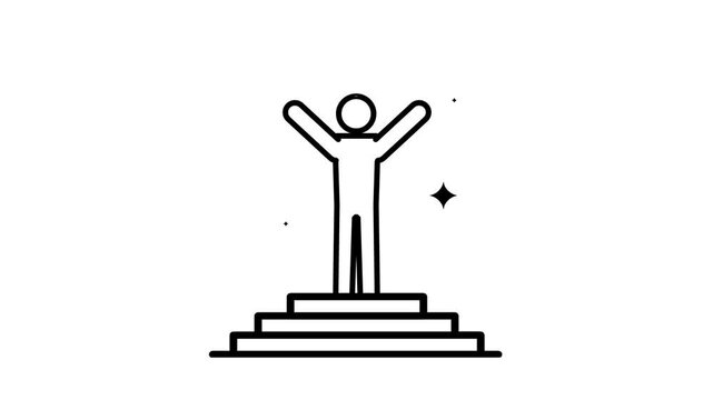 A single person stands victoriously on the highest tier of a podium with arms raised, celebrating a first-place win, a personal accomplishment, or a significant milestone in their career