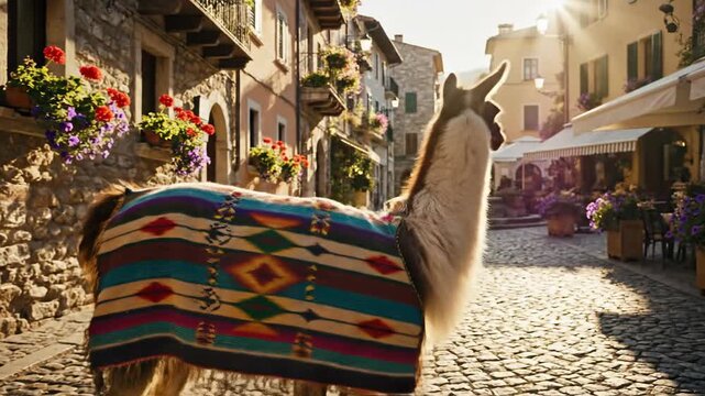 Llama wearing colorful poncho stands on cobblestone street in Italian town, bathed in sunlight. Fountain visible
