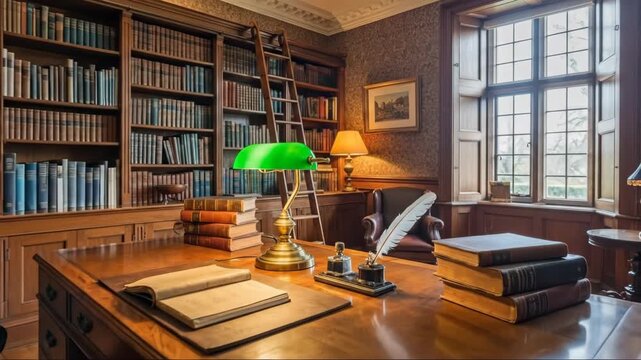 Cozy library scene with sunlit reading desk and vintage decor in a classic study room