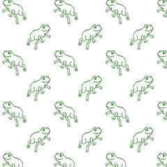 Pattern con graziose rane verdi che saltano, illustrazione isolata 