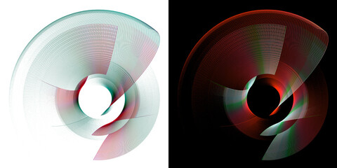 Abstract propellers with layered blades in red and green stripes on white and black backgrounds. Set. Icon, logo, symbol, sign. 3D rendering. 3D illustration.