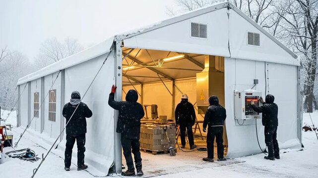 Winter Storage Tent Setup for Equipment and Supplies in Snowy Conditions