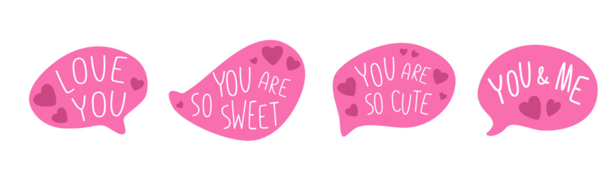 Valentines Day Speech Bubble Set with Love Messages. Pink Cartoon Vector Illustration of Romantic Chat Clouds and Stickers for Social Media, Greeting Cards and Digital Stationery.