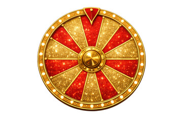 Golden and red spinning wheel of fortune for gambling, casino game, lottery, chance, and winning