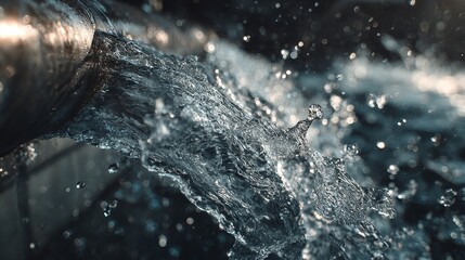 Close-up of high-pressure water gushing from shiny domestic pipes, dynamic droplets and splashes frozen in motion, stainless steel texture, clean background showing energy and freshness.
